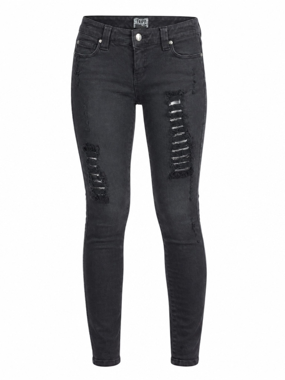 Tripp NYC Black Distressed Skinny Jeans Womens 7 Ripped Metallic Mesh Goth Punk